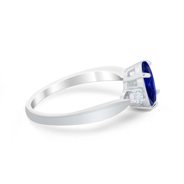 Three Stone Oval Engagement Ring Simulated Blue Sapphire CZ 925 Sterling Silver